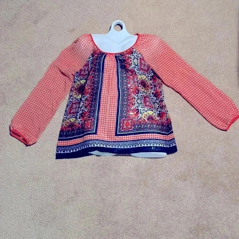 Blu Pepper Orange & Blue Keyhole Back Blouse Top - Sz XL